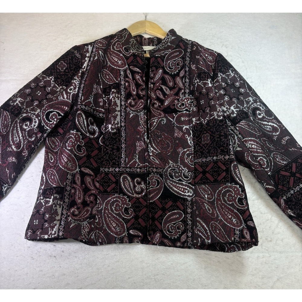 Christopher & Banks Jacket XL Artsy Brocade Boho Zip Front Maroon/Silver Blazer